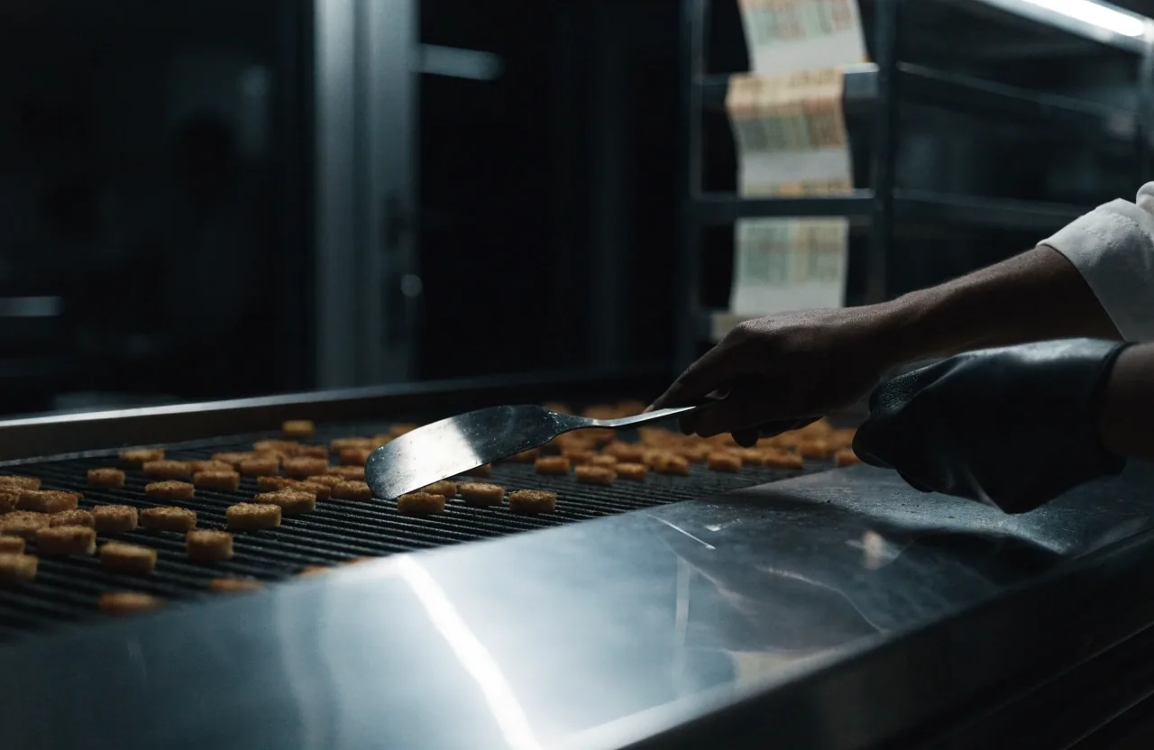 Cook's hands moving a spatula over hash browns on a flat top during a quiet overnight shift