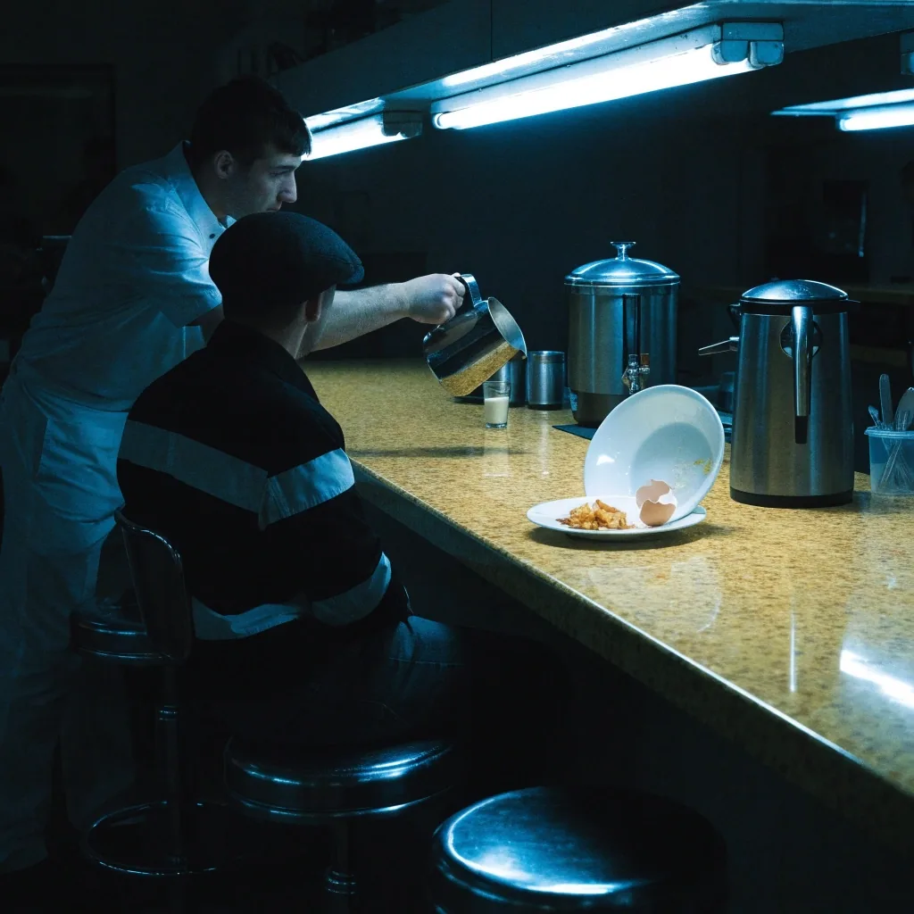 Short stack of waffles on a small plate under a counter lamp with a folded paper napkin beside it