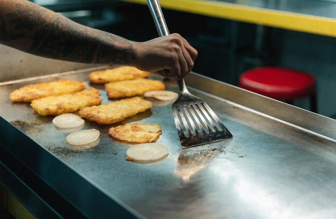 A cook's hands working a metal spatula across a diner flat top, ticket rail blurred above