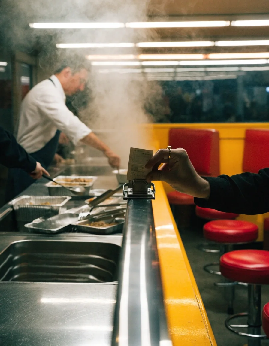 A cook's hands pressing a paper order ticket onto a rail above a diner pass