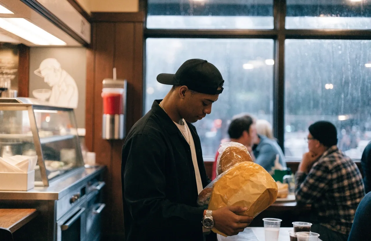 An overnight diner counter under fluorescent light, a coffee cup and folded napkin resting on the formica top