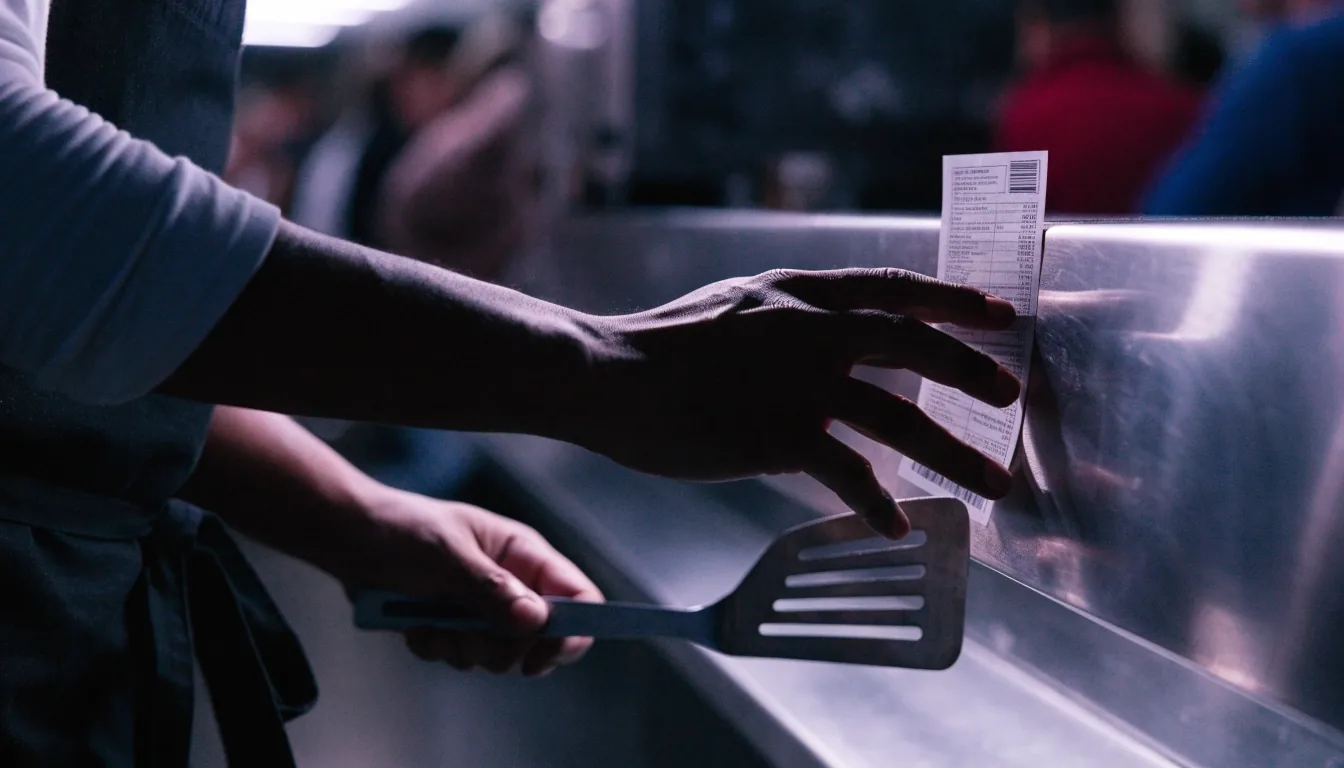 A cook's hands pressing an order ticket onto the rail at the pass