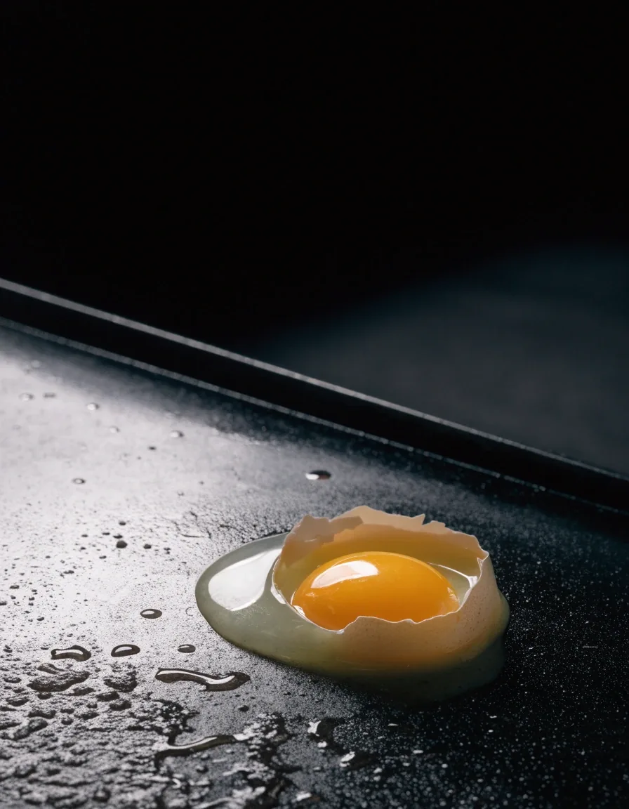 A cracked egg on a flat diner grill, yolk catching the overhead lamp
