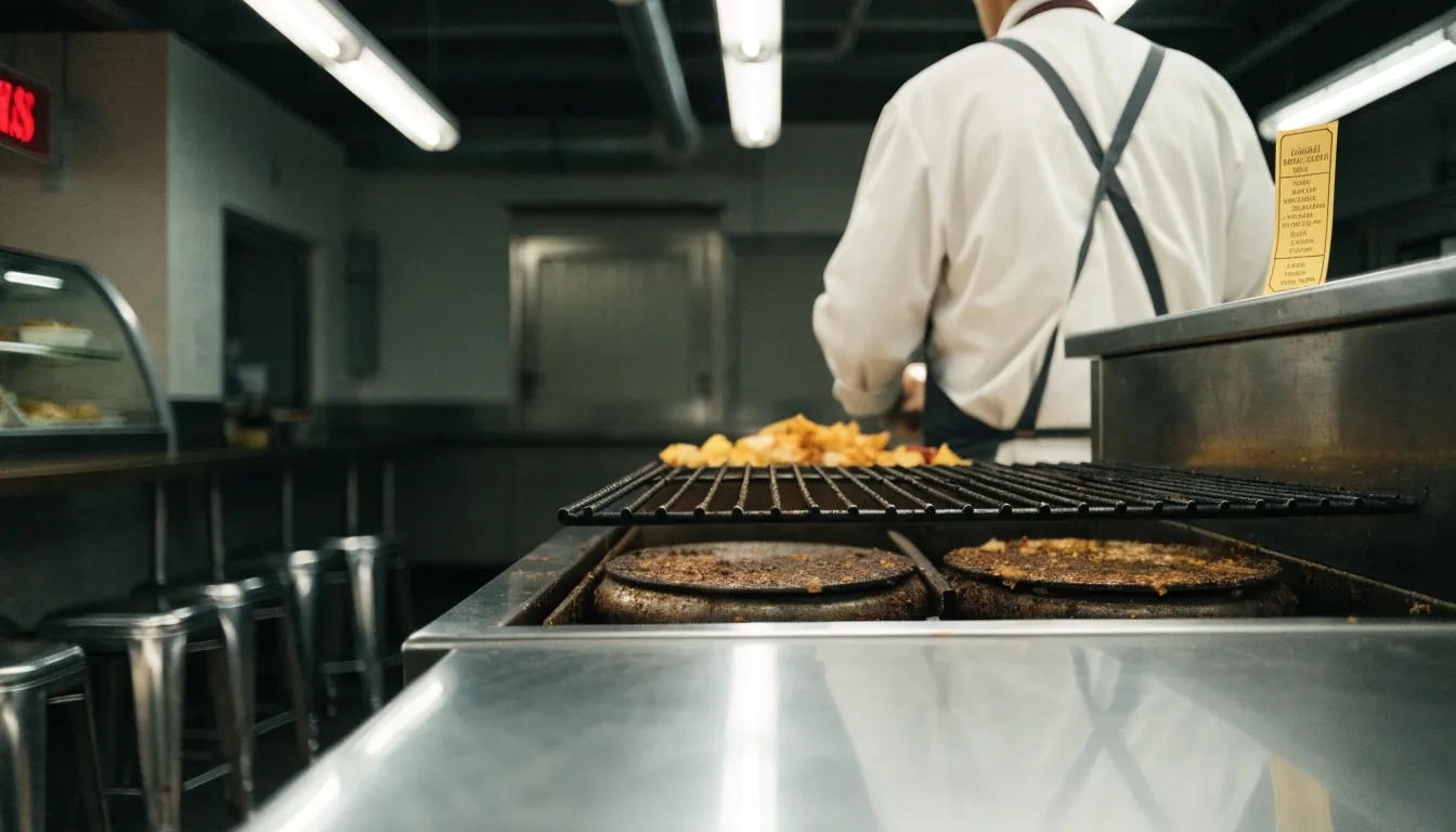 An overnight diner counter at 3am seen from across the room, stools empty and one order ticket on the pass