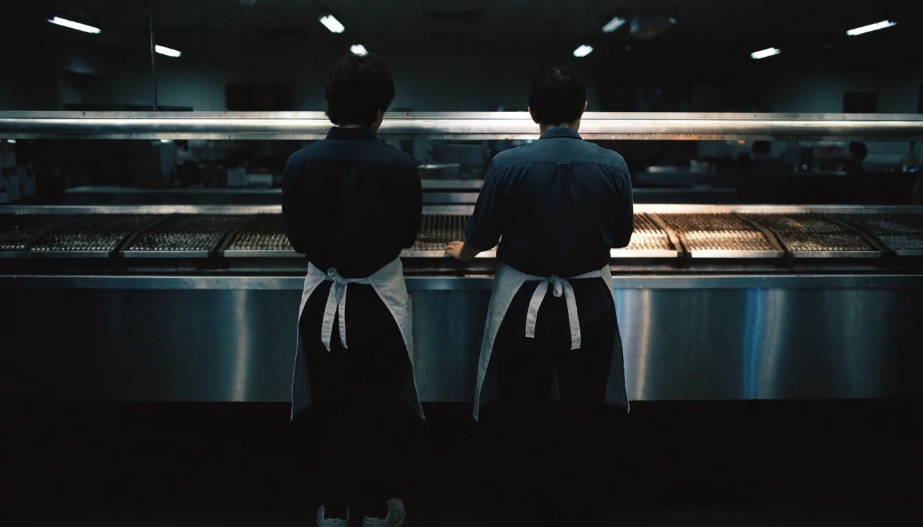 Staff shoulders at a change of shift by the diner counter, aprons tied, faces out of frame