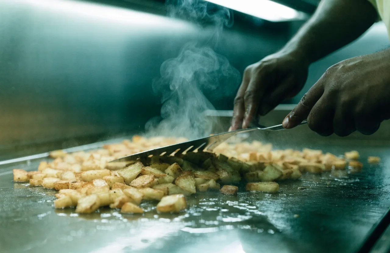 A cook's hands working a metal spatula across a flat top griddle