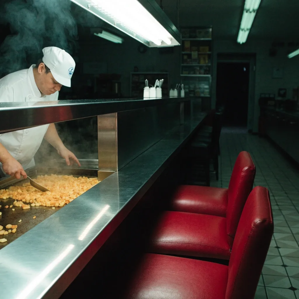 A diner counter seen from across the room, stools empty and one ticket on the pass