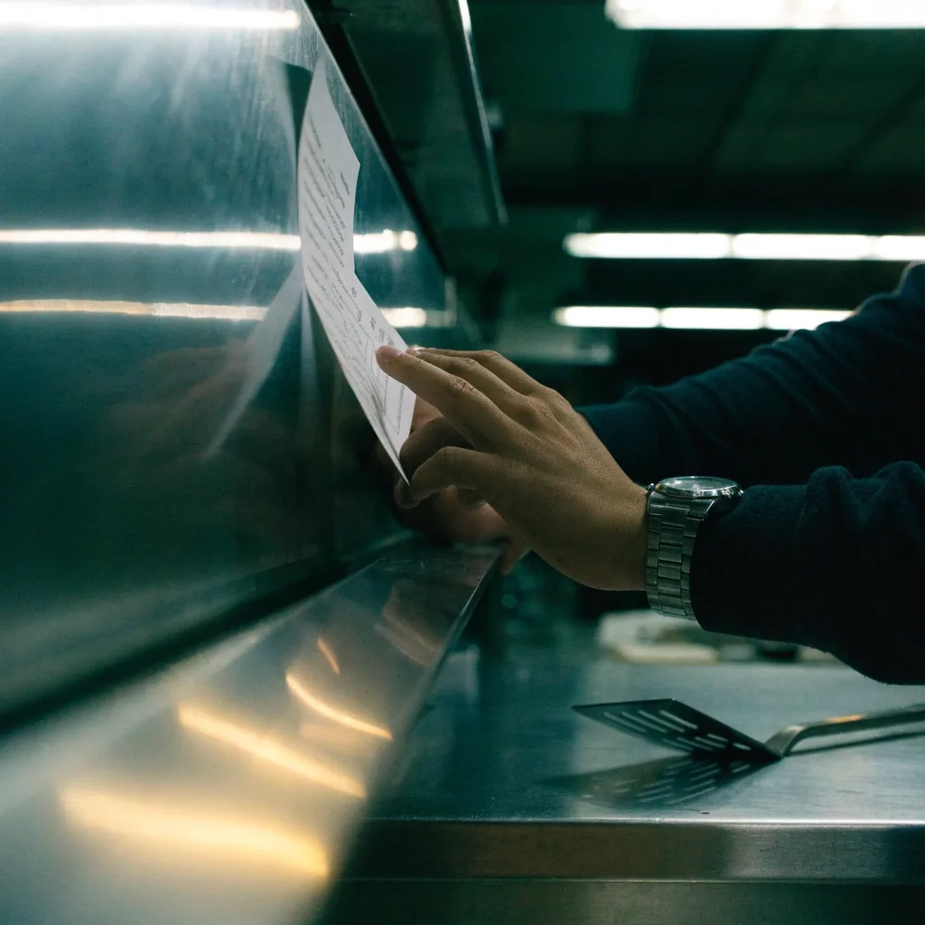 A cook's hands pressing an order ticket onto the rail above the pass