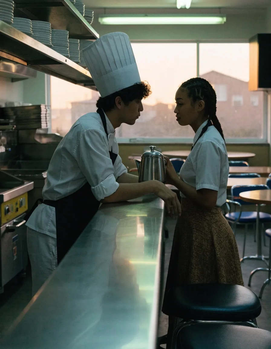 Hands wiping a diner counter at night with an apron tie at the waist