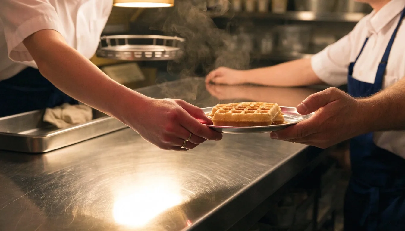 Staff shoulders at the counter during a change of shift at an overnight diner