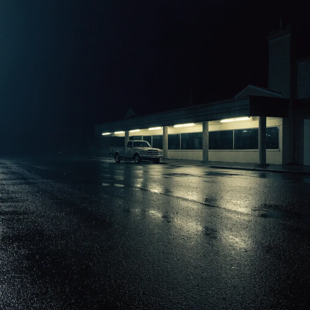 A roadside diner exterior at night seen from across an empty parking lot