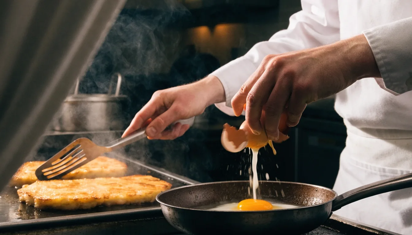A diner grill station at night with eggs searing on the flat top under cool counter lights