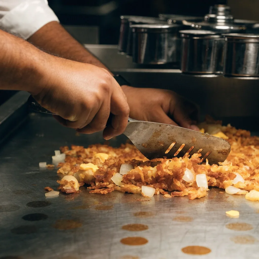 A diner cook working the flat top with a spatula and hash browns