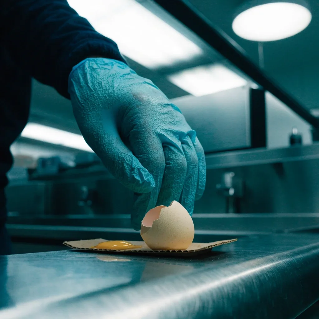 A cracked egg shell on a stainless prep counter at a diner