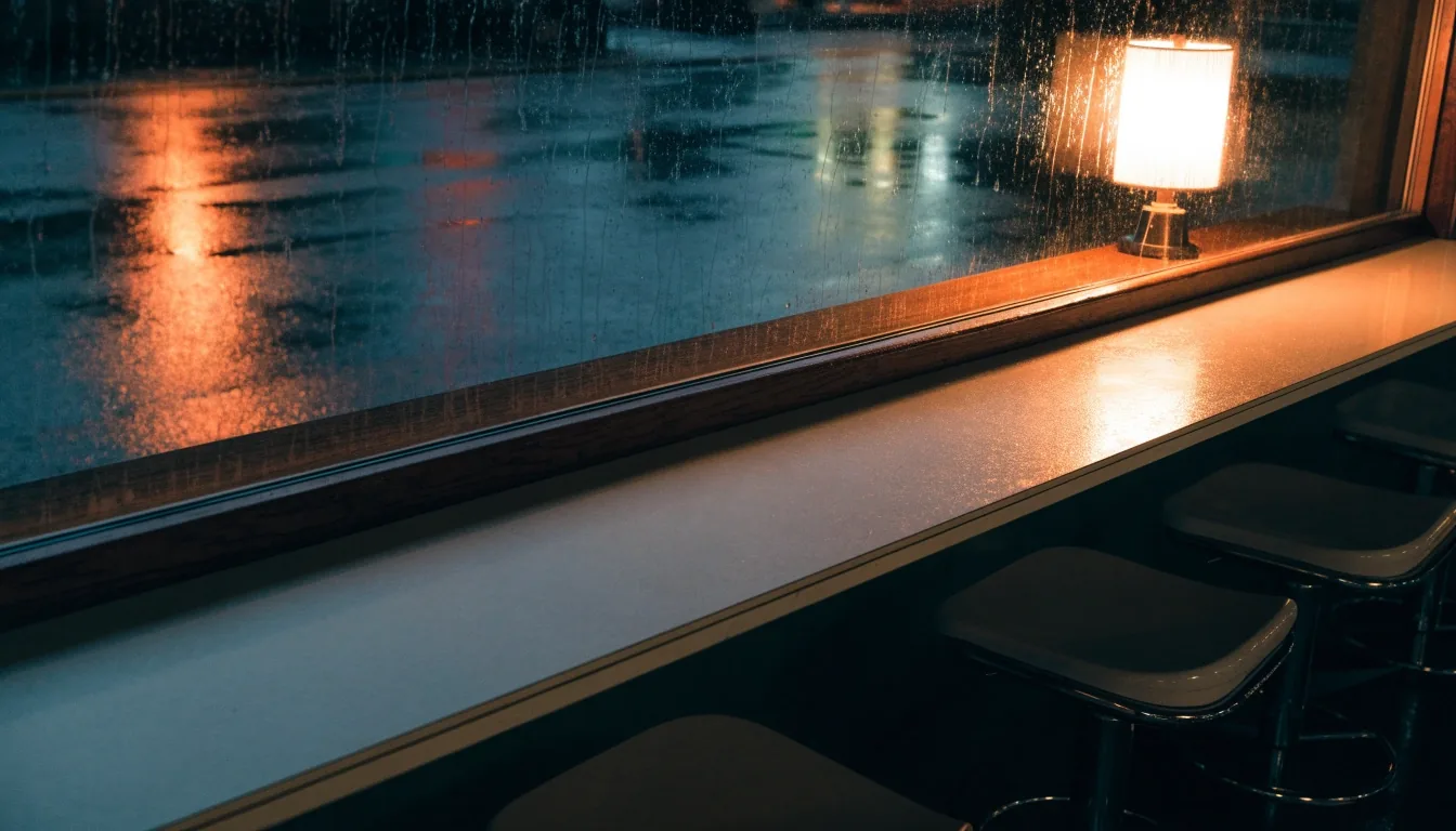 A diner window streaked with night rain, one counter lamp lit behind the glass