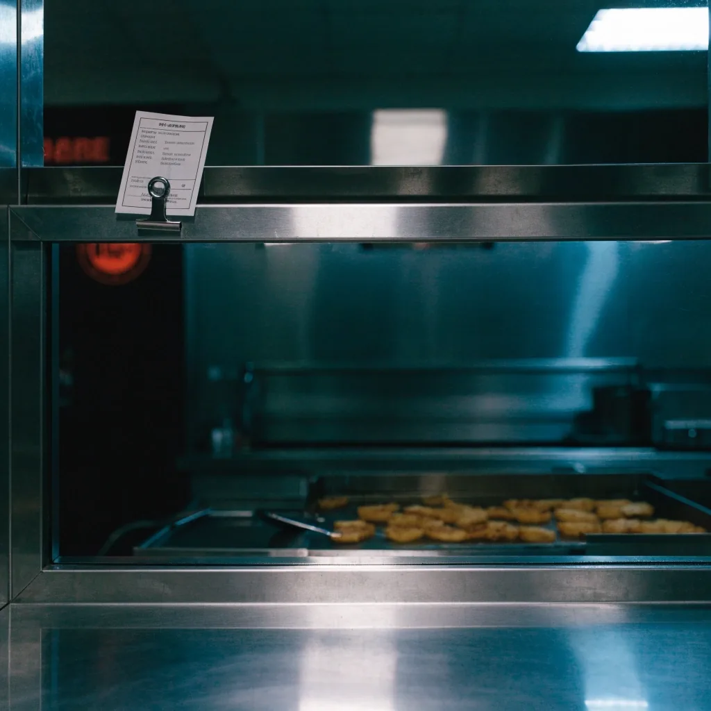 An overnight diner counter under cool fluorescent light, empty stools and a formica top