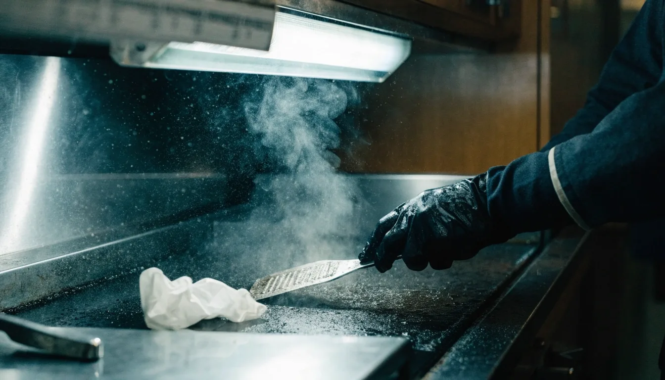 Cook's hands working a flat top griddle on a diner line during storm recovery