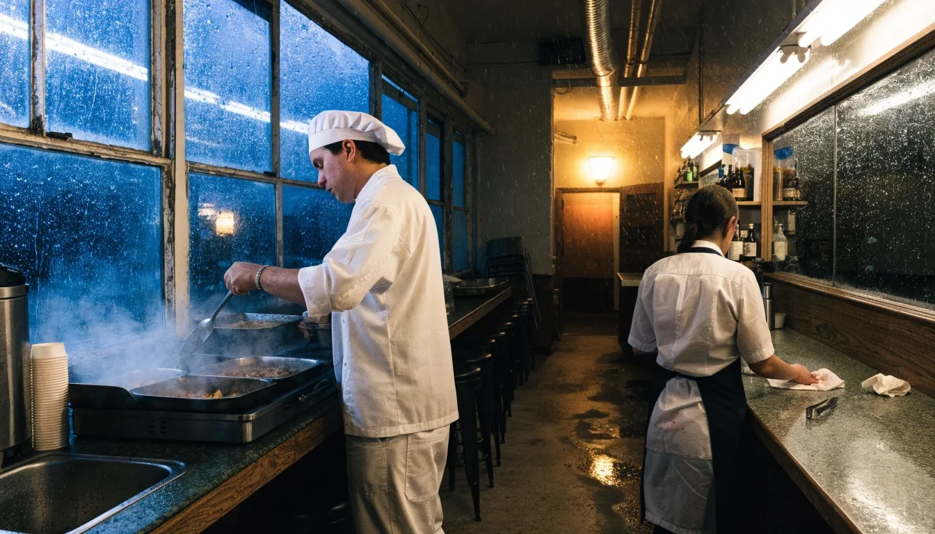 Diner counter at night with rain streaking across the front windows