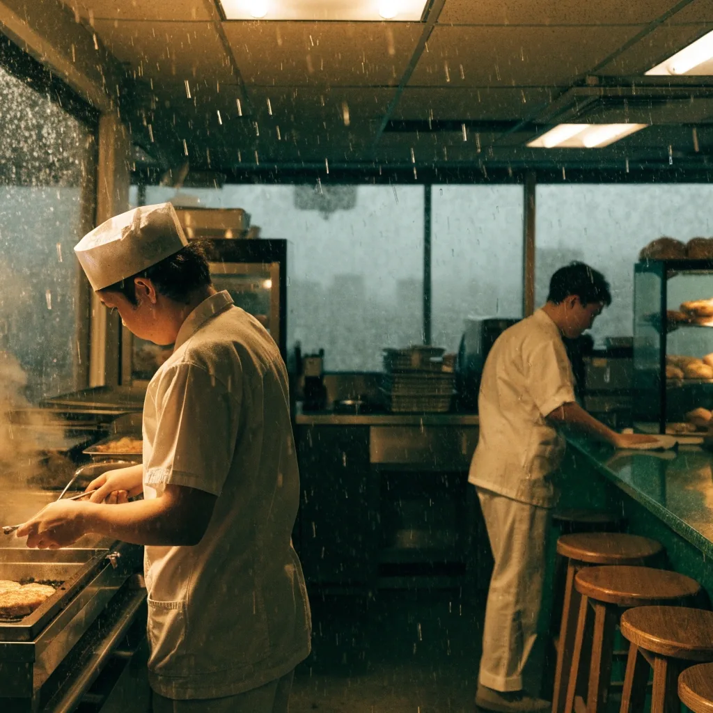 Rain streaking down a diner window with a counter lamp glowing beyond the glass
