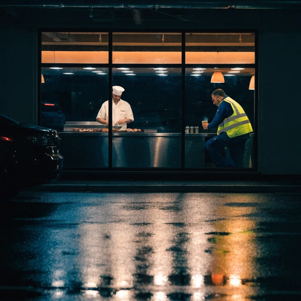 Roadside diner seen from a wet parking lot at dusk with utility vehicles at the edge