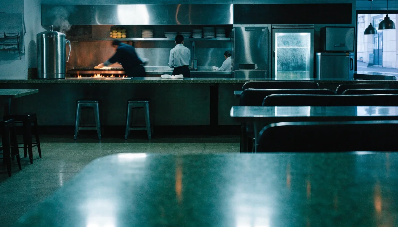 An overnight diner counter under fluorescent light, stools pushed in and a ticket resting on the pass